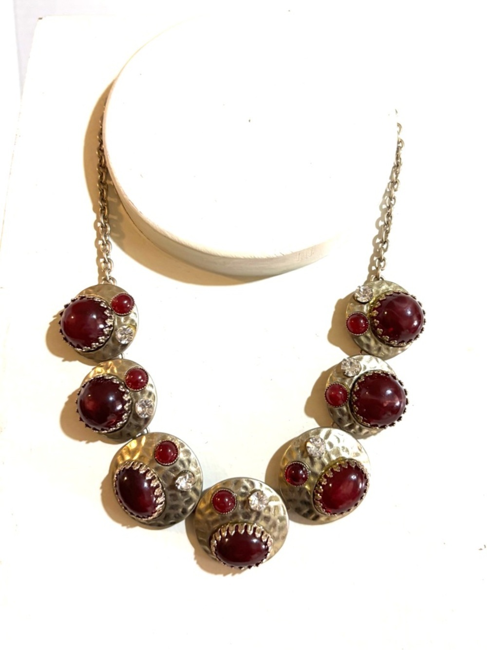 Vintage Red Cabochon & Silver-Tone Medallion Necklace - Vintage